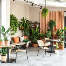 For a plant and coffee shop that balances functionality with aesthetics, start with a soothing neutral color palette that complements the greenery