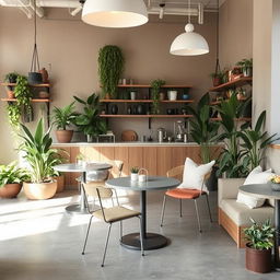 For a plant and coffee shop that balances functionality with aesthetics, start with a soothing neutral color palette that complements the greenery