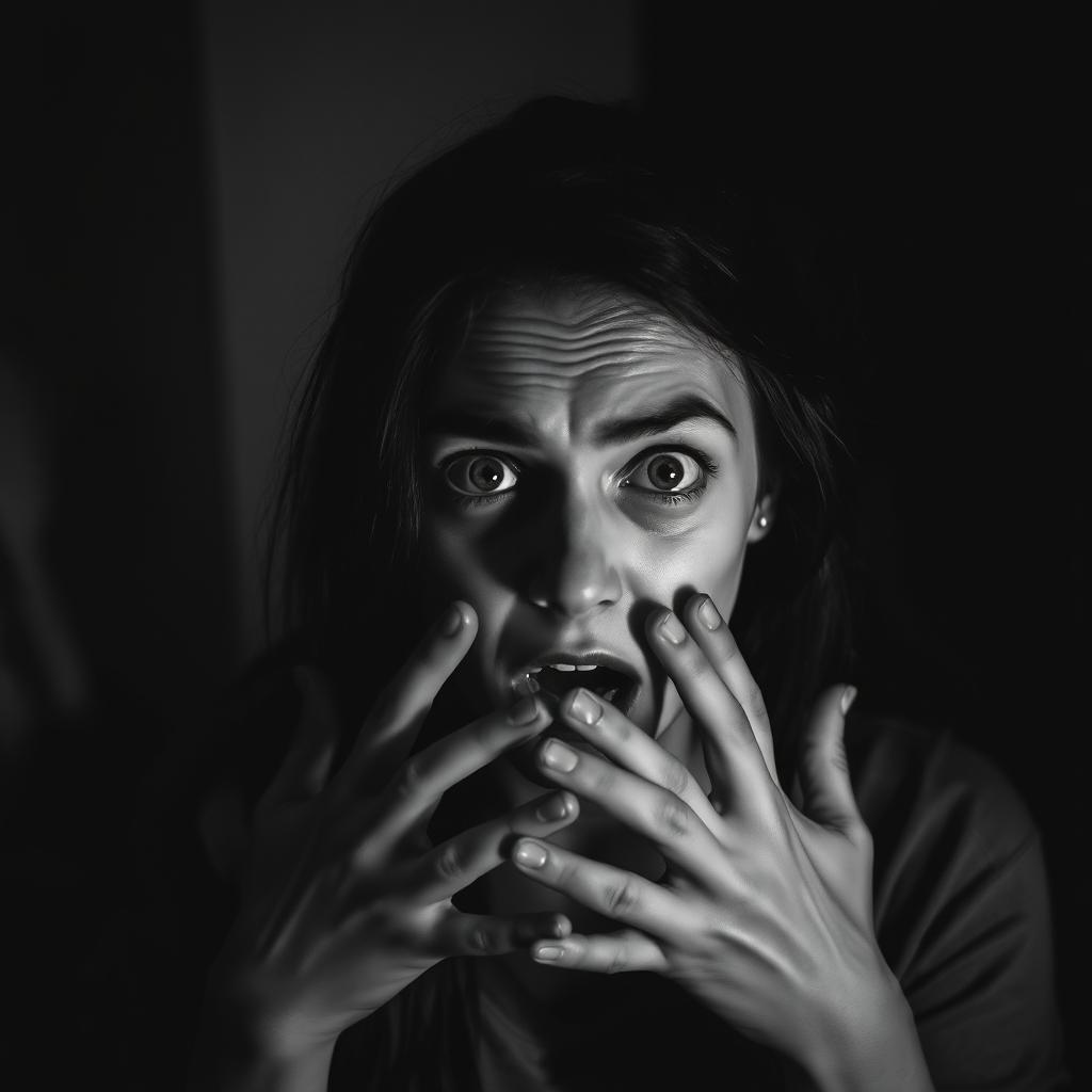 a woman looking frightened as she recalls a memory, captured in a chilling black and white format with a haunting, eerie atmosphere