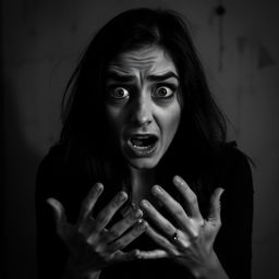 a woman looking frightened as she recalls a memory, captured in a chilling black and white format with a haunting, eerie atmosphere