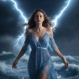 Render an 8K Ultra HD image of a beautiful woman in a nightgown, with glowing white eyes and hands cloaked in blue electricity, floating amidst chaos of the sea, surrounded by debris and whirlpools. The scene is lit by flashes of background lightning.