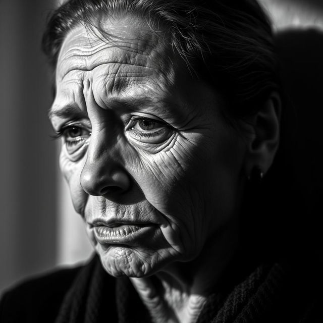 a woman deeply marked by a life-altering experience, depicted in black and white with a profound and introspective expression