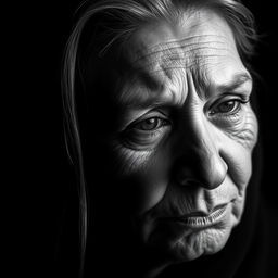 a woman deeply marked by a life-altering experience, depicted in black and white with a profound and introspective expression