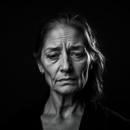 a woman deeply marked by a life-altering experience, depicted in black and white with a profound and introspective expression