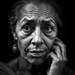 a 35-year-old woman deeply marked by a life-changing experience, depicted in black and white