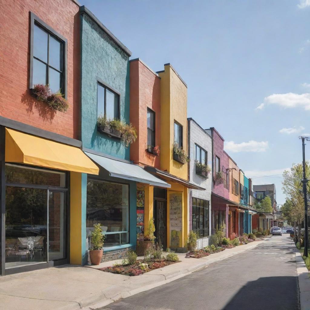 A small suburban town, now buzzing with a mix of cultures. New residents bring urban elements, their home stands out with vibrant colors and modern art, injecting a fresh and dynamic pulse into the traditional town's fabric.