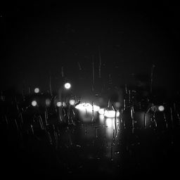 a rainy night scene in black and white, depicting wind lashing against a window