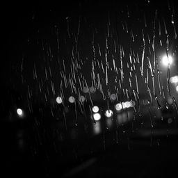 a rainy night scene in black and white, depicting wind lashing against a window