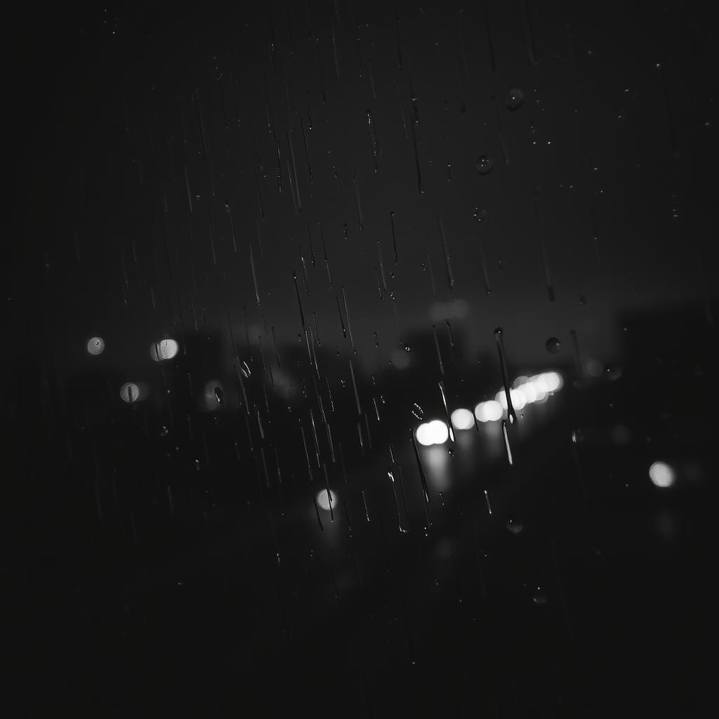 a rainy night scene in black and white, depicting wind lashing against a window