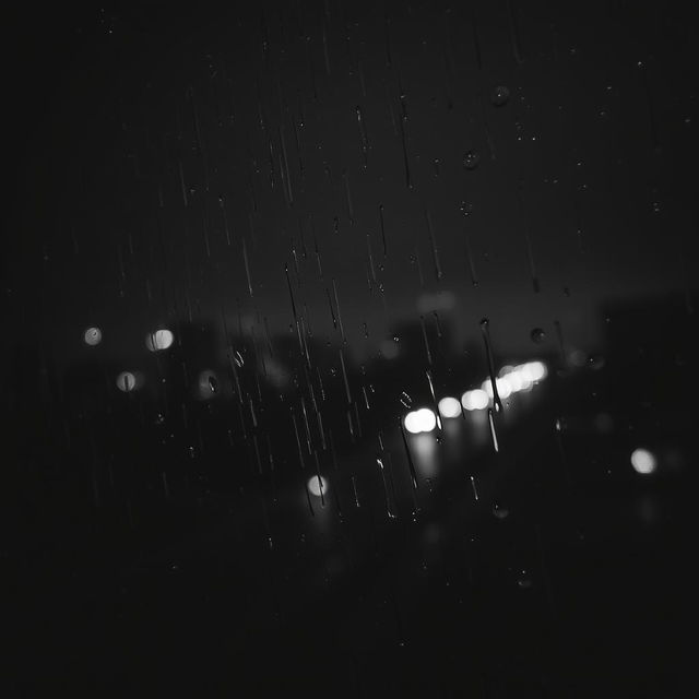 a rainy night scene in black and white, depicting wind lashing against a window