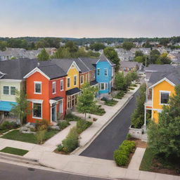 A small suburban town, now buzzing with a mix of cultures. New residents bring urban elements, their home stands out with vibrant colors and modern art, injecting a fresh and dynamic pulse into the traditional town's fabric.