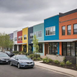 A small suburban town, now buzzing with a mix of cultures. New residents bring urban elements, their home stands out with vibrant colors and modern art, injecting a fresh and dynamic pulse into the traditional town's fabric.