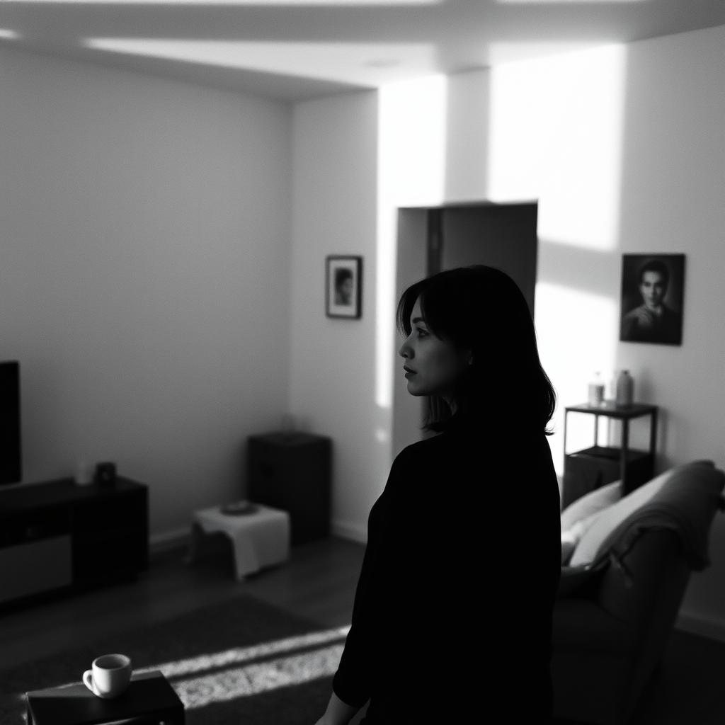 a woman alone in her apartment, captured in a black and white photograph