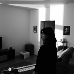 a woman alone in her apartment, captured in a black and white photograph