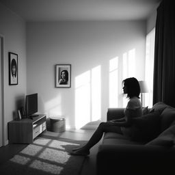 a woman alone in her apartment, captured in a black and white photograph