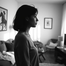 a woman alone in her apartment, captured in a black and white photograph