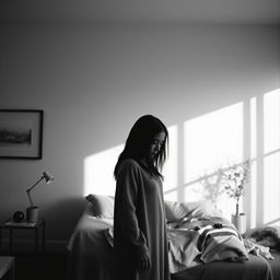 a woman alone in her apartment, captured in a black and white photograph