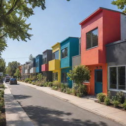 A small suburban town, now buzzing with a mix of cultures. New residents bring urban elements, their home stands out with vibrant colors and modern art, injecting a fresh and dynamic pulse into the traditional town's fabric.