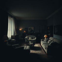 a dark and tranquil apartment scene with an abundance of furniture, captured in a moody and shadowy setting