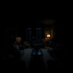 a dark and tranquil apartment scene with an abundance of furniture, captured in a moody and shadowy setting