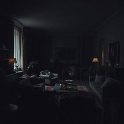 a dark and tranquil apartment scene with an abundance of furniture, captured in a moody and shadowy setting