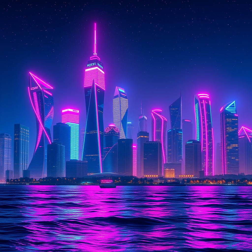 A vibrant and modern fictional city skyline, inspired by New York City, set at night