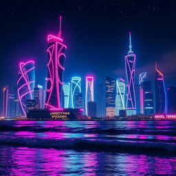 A vibrant and modern fictional city skyline, inspired by New York City, set at night