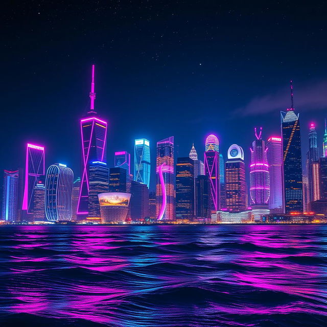 A vibrant and modern fictional city skyline, inspired by New York City, set at night