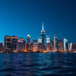 A stunning and modern fictional city skyline, inspired by New York City, set against the backdrop of night