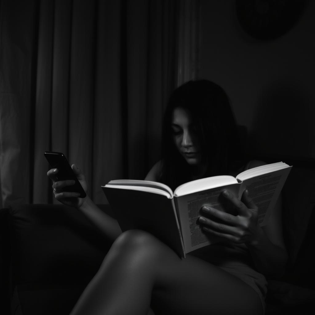 a woman reading a book in her apartment, her cell phone ringing nearby, captured in a slightly dark, black and white image