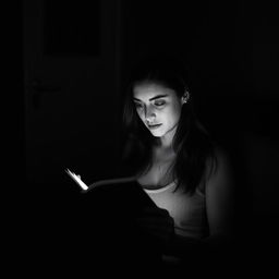 a woman reading a book in her apartment, her cell phone ringing nearby, captured in a slightly dark, black and white image