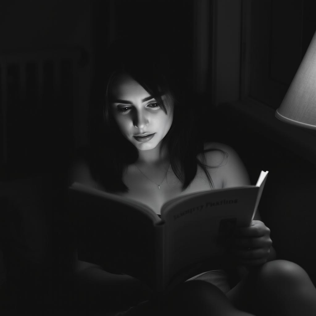 a woman reading a book in her apartment, her cell phone ringing nearby, captured in a slightly dark, black and white image