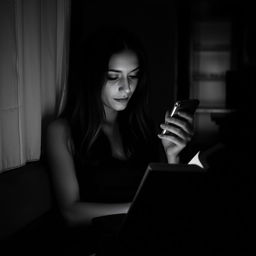 a woman reading a book in her apartment, her cell phone ringing nearby, captured in a slightly dark, black and white image