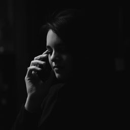 a woman engaging in a phone conversation, captured in a slightly dark, black and white image