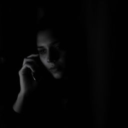 a woman engaging in a phone conversation, captured in a slightly dark, black and white image