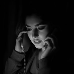 a woman engaging in a phone conversation, captured in a slightly dark, black and white image