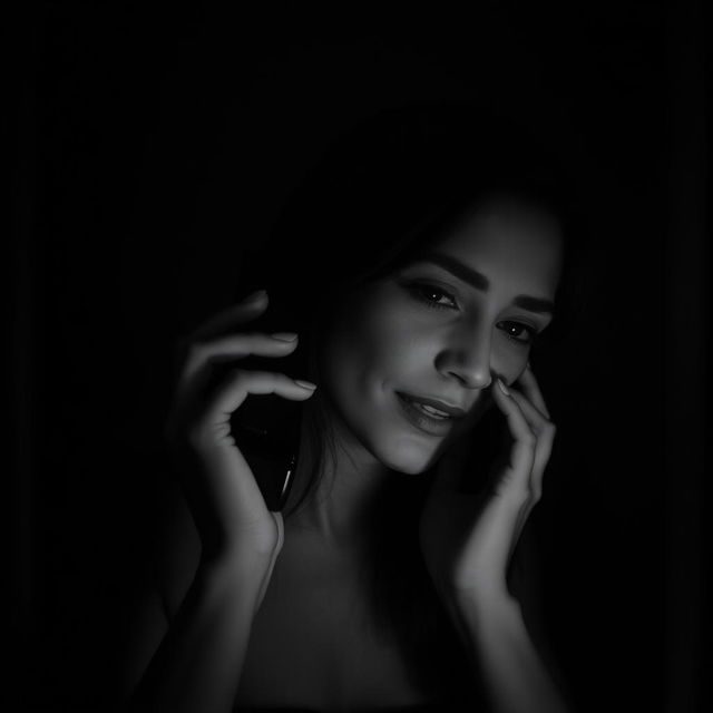 a woman engaging in a phone conversation, captured in a slightly dark, black and white image