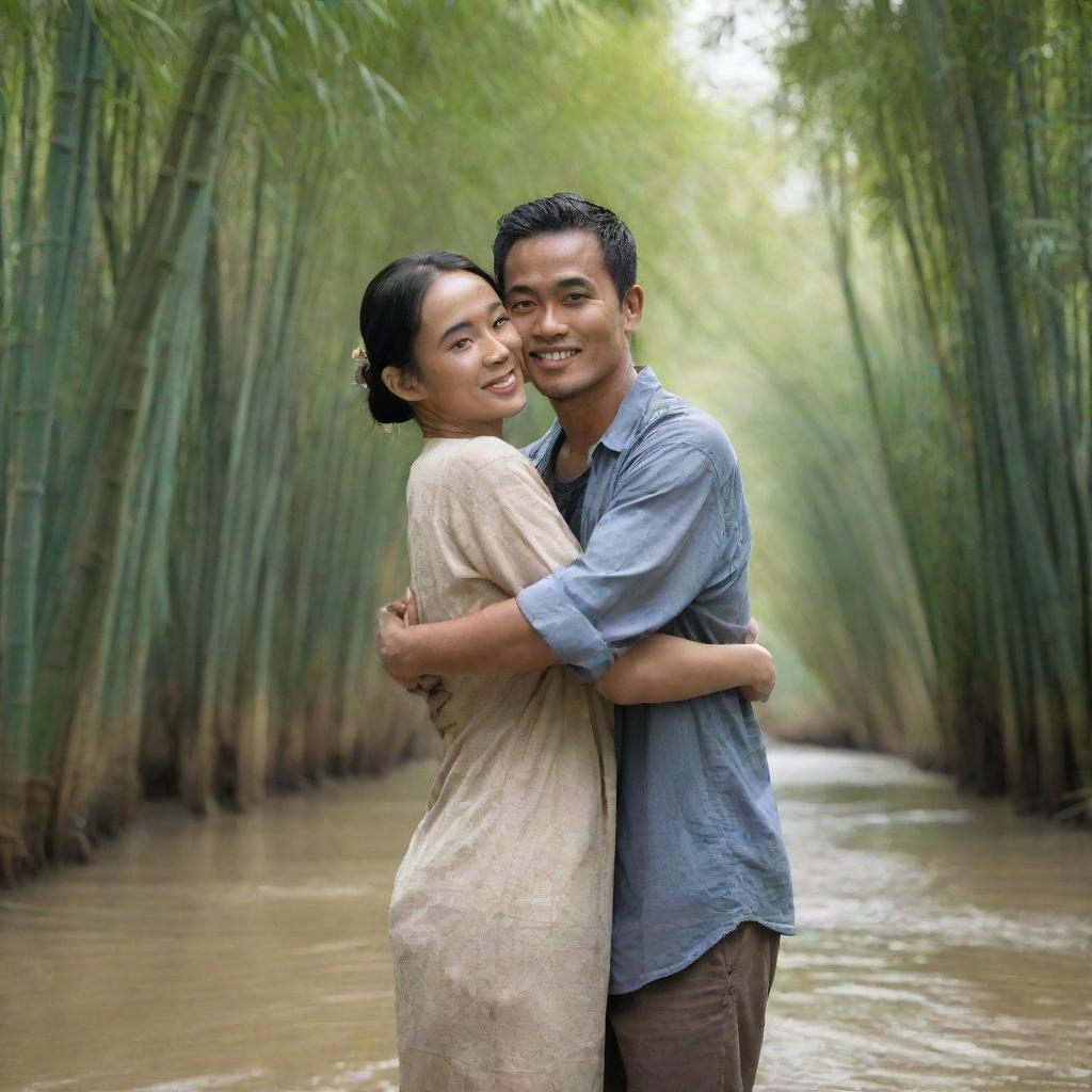 A high-definition, realistic image of an Indonesian man and woman standing close together in a lovely flowing river, surrounded by bamboo trees. The man is affectionately hugging the woman from behind. The viewing perspective is up close.