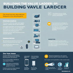 A comprehensive guide to building a value ladder with electronic products, featuring a progression of offerings from low-cost entry-level gadgets to premium, high-tech devices