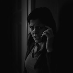 a woman appearing frightened while talking on her cell phone, captured in a slightly dark, black and white image