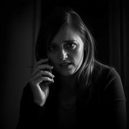 a woman appearing frightened while talking on her cell phone, captured in a slightly dark, black and white image