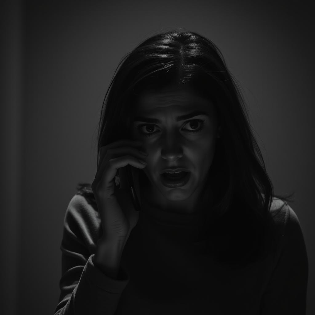 a woman appearing frightened while talking on her cell phone, captured in a slightly dark, black and white image