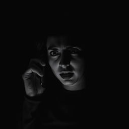 a woman appearing frightened while talking on her cell phone, captured in a slightly dark, black and white image