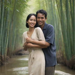 A high-definition, realistic image of an Indonesian man and woman standing close together in a lovely flowing river, surrounded by bamboo trees. The man is affectionately hugging the woman from behind. The viewing perspective is up close.