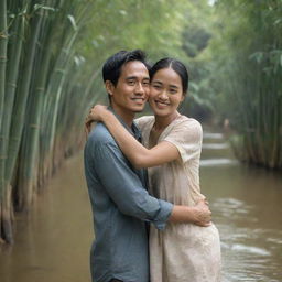 A high-definition, realistic image of an Indonesian man and woman standing close together in a lovely flowing river, surrounded by bamboo trees. The man is affectionately hugging the woman from behind. The viewing perspective is up close.