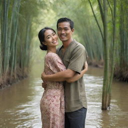 A high-definition, realistic image of an Indonesian man and woman standing close together in a lovely flowing river, surrounded by bamboo trees. The man is affectionately hugging the woman from behind. The viewing perspective is up close.