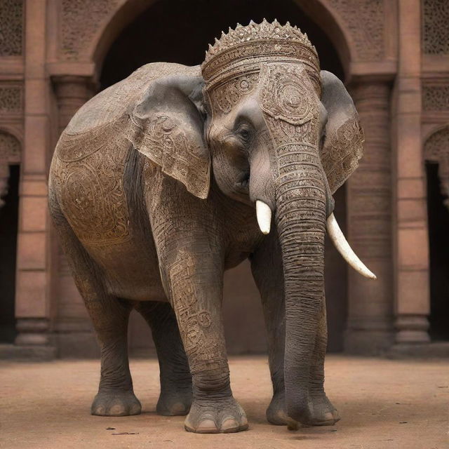 A colossal elephant outfitted with intricately-designed armory, radiating power and majesty