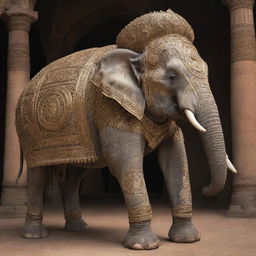 A colossal elephant outfitted with intricately-designed armory, radiating power and majesty