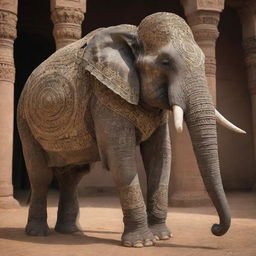 A colossal elephant outfitted with intricately-designed armory, radiating power and majesty