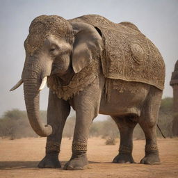 A colossal elephant outfitted with intricately-designed armory, radiating power and majesty